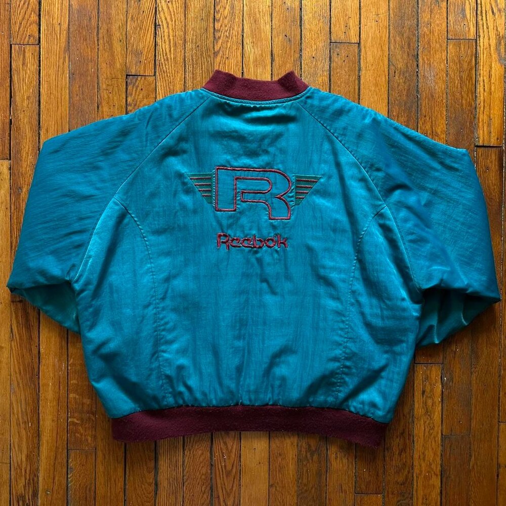 Vintage 90s Reebok Sport Puffer Jacket Men XL Aqua Berry Blue Purple Embroidered - Picture 5 of 8